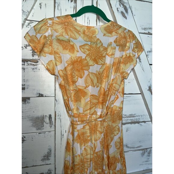 XIX Palms Madagascar Floral Party Mini Wrap Ruffle Tropical Dress M Orange White - Picture 9 of 12